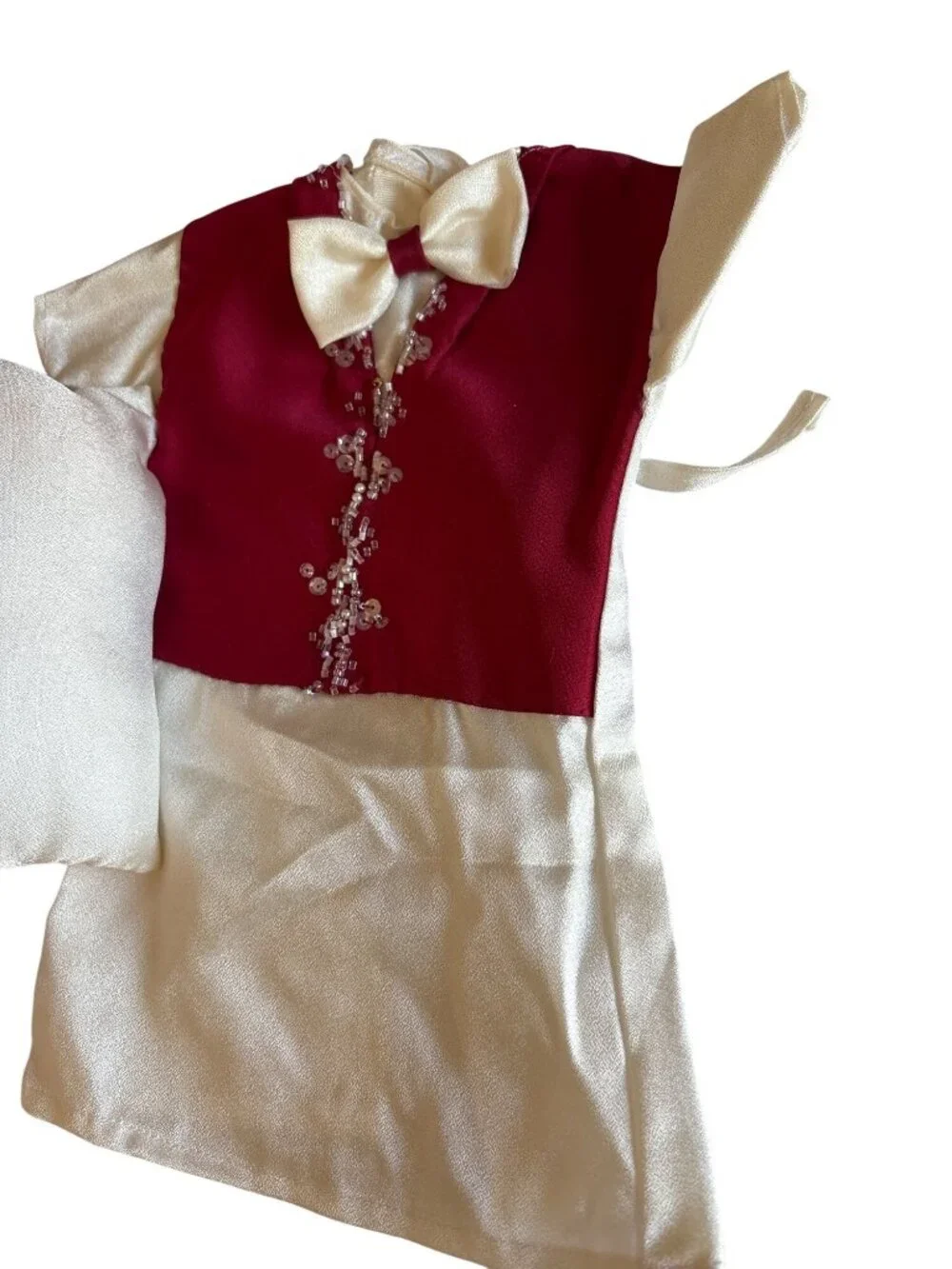 Elegant Red & Ivory Doll Wedding Dress Set With Beaded Details & Accessories